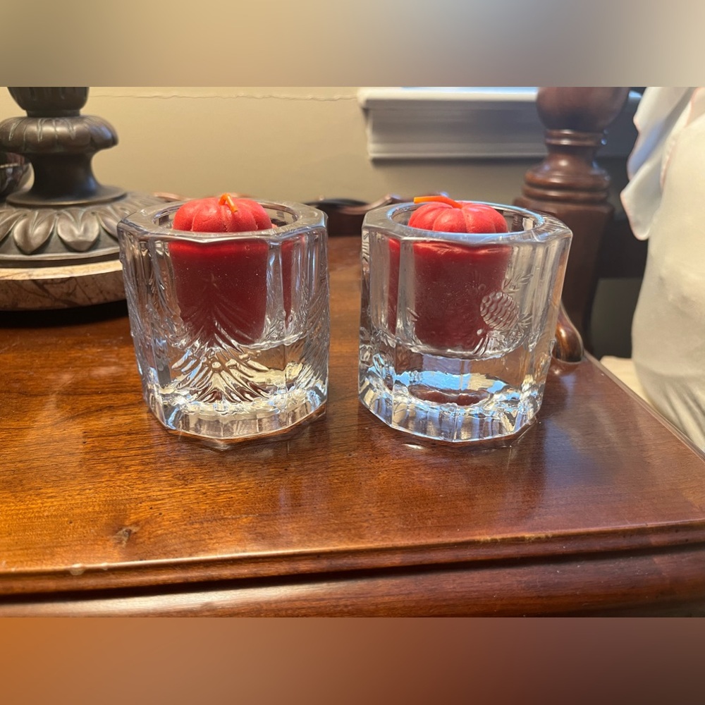 Mikasa Crystal Votive Holders. Set of Two. Pine Tree & Pine Cone